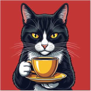 Smug Black Cat Sipping Steamy Coffee Posters and Art