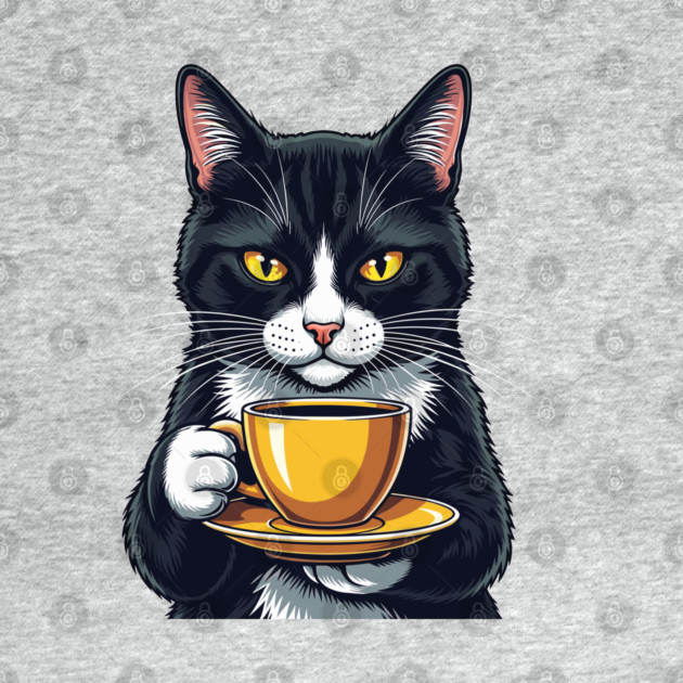 Smug Black Cat Sipping Steamy Coffee by Digironin