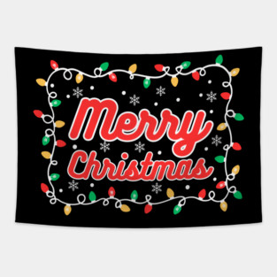 Festive Merry Christmas Lights and Snowflakes Tapestry