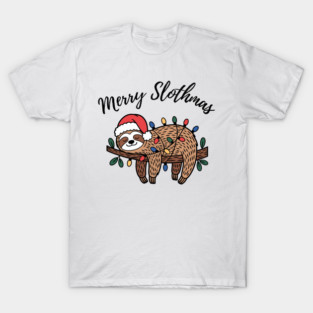 Merry Slothmas Cute Sleeping Sloth With Christmas Lights T-Shirt