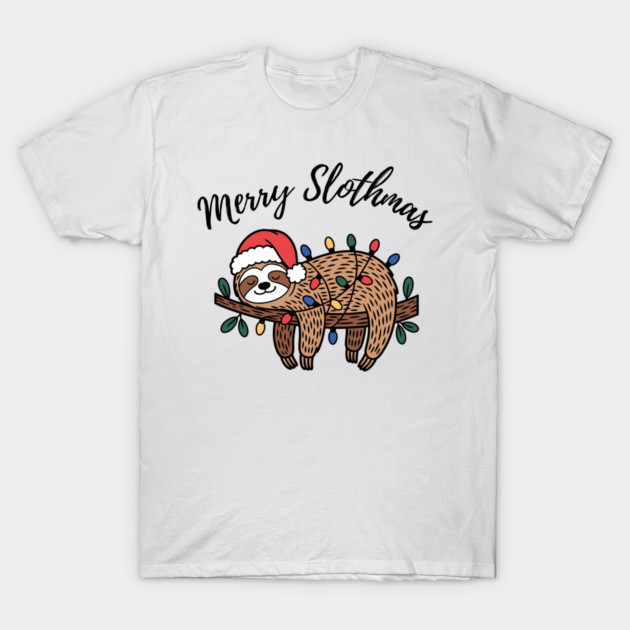 Merry Slothmas Cute Sleeping Sloth With Christmas Lights T-Shirt by Creatifly Graphic Tees