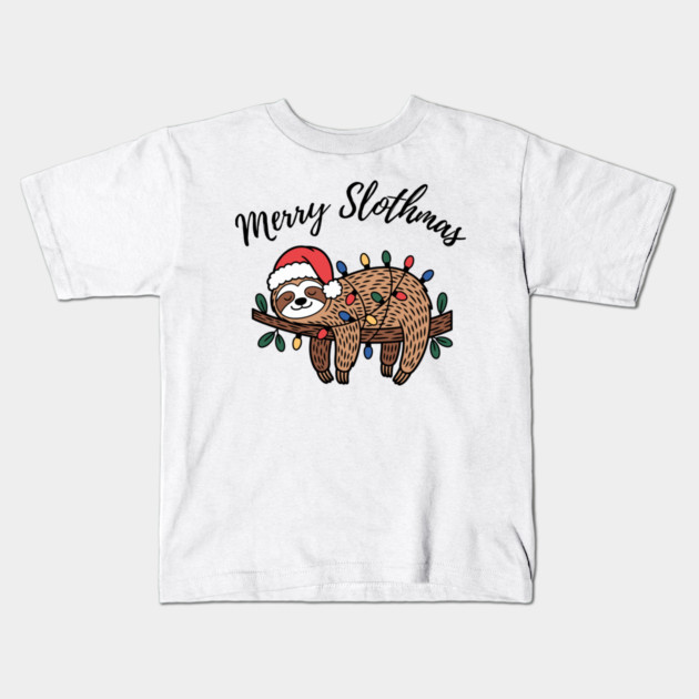 Merry Slothmas Cute Sleeping Sloth With Christmas Lights Kids T-Shirt by Creatifly Graphic Tees