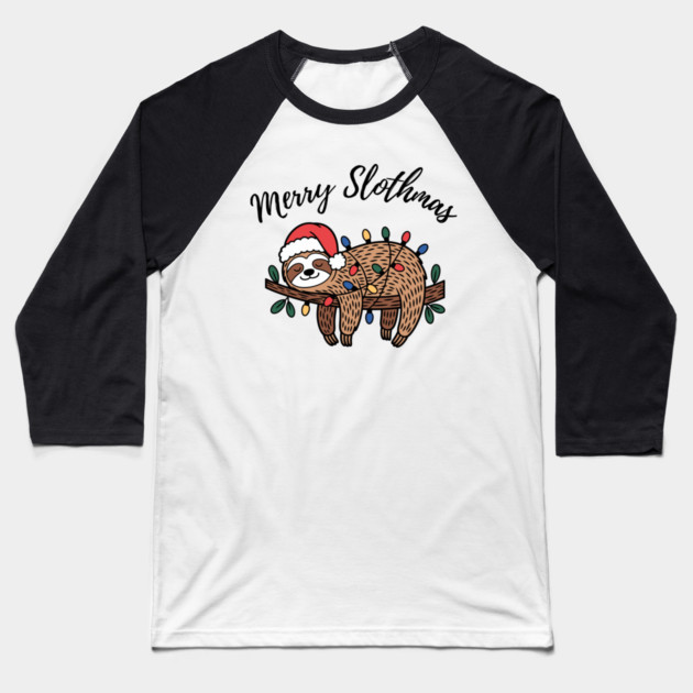 Merry Slothmas Cute Sleeping Sloth With Christmas Lights Baseball T-Shirt by Creatifly Graphic Tees