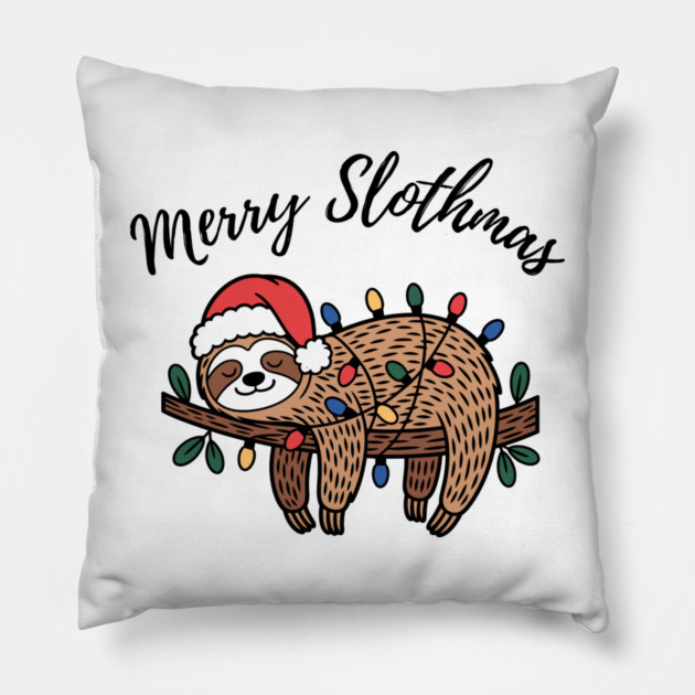 Merry Slothmas Cute Sleeping Sloth With Christmas Lights Pillow by Creatifly Graphic Tees