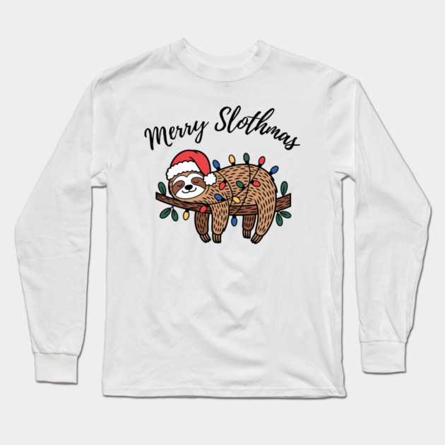 Merry Slothmas Cute Sleeping Sloth With Christmas Lights Long Sleeve T-Shirt by Creatifly Graphic Tees