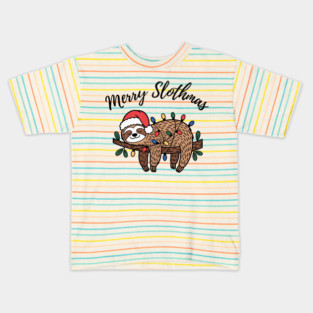 Merry Slothmas Cute Sleeping Sloth With Christmas Lights Kids T-Shirt