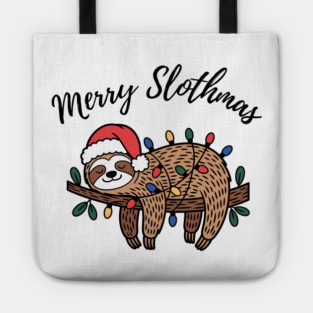 Merry Slothmas Cute Sleeping Sloth With Christmas Lights Tote