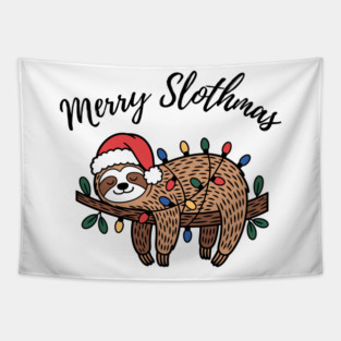 Merry Slothmas Cute Sleeping Sloth With Christmas Lights Tapestry