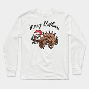 Merry Slothmas Cute Sleeping Sloth With Christmas Lights Long Sleeve T-Shirt