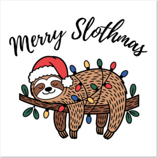 Merry Slothmas Cute Sleeping Sloth With Christmas Lights Posters and Art
