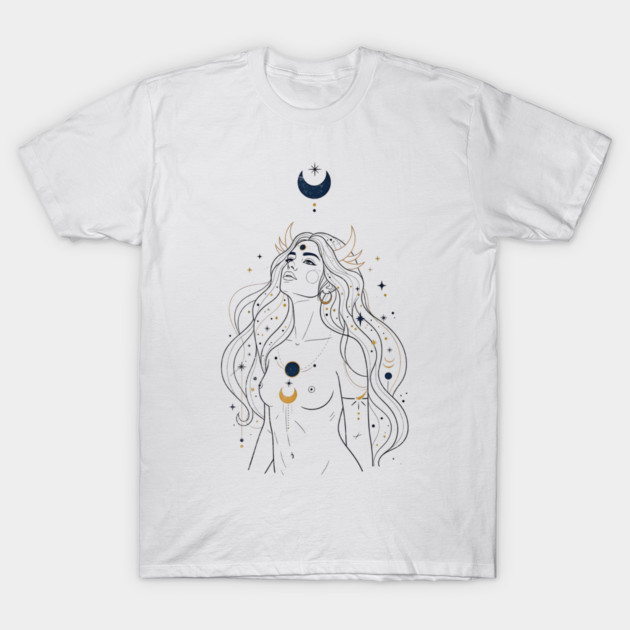 Ad Astra Celestial Goddess Line Art T-Shirt by Designed By Marty