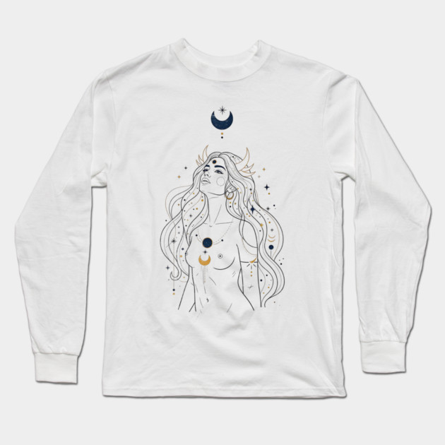 Ad Astra Celestial Goddess Line Art Long Sleeve T-Shirt by Designed By Marty