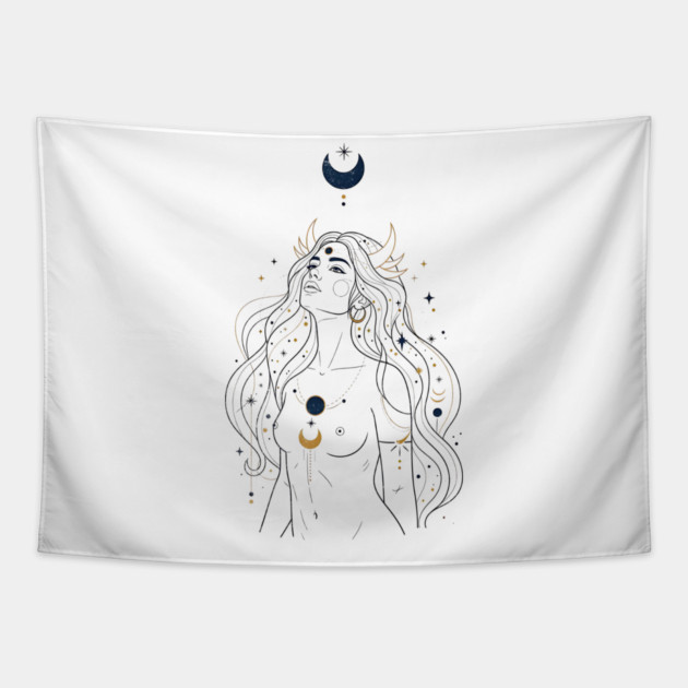 Ad Astra Celestial Goddess Line Art Tapestry by Designed By Marty