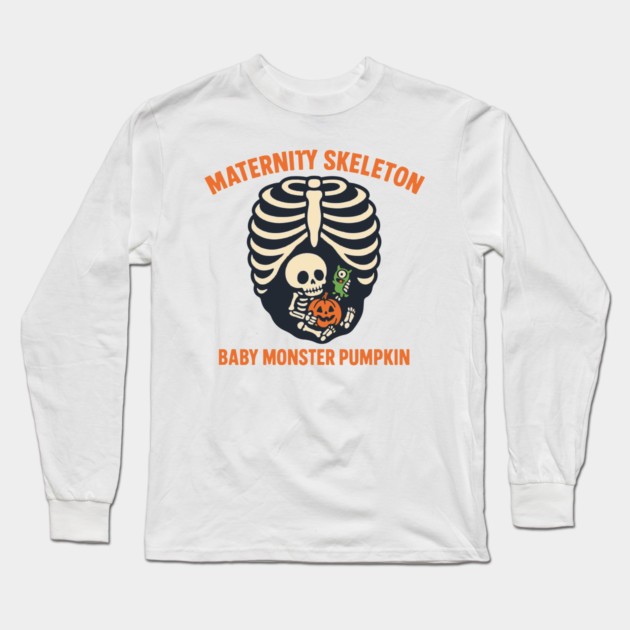 Maternity Skeleton Baby Monster Pumpkin Funny Cute Pregnancy Halloween Long Sleeve T-Shirt by Customer's Store 1