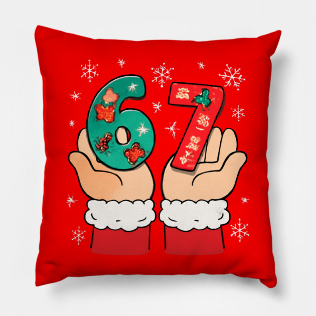 Santa's Hands Holding Festive 67 with Christmas Snowflakes Pillow by Creatifly Graphic Tees