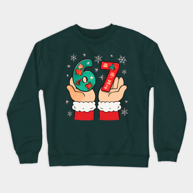 Santa's Hands Holding Festive 67 with Christmas Snowflakes Crewneck Sweatshirt by Creatifly Graphic Tees