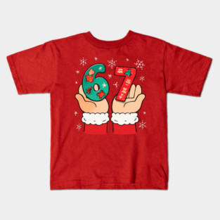 Santa's Hands Holding Festive 67 with Christmas Snowflakes Kids T-Shirt