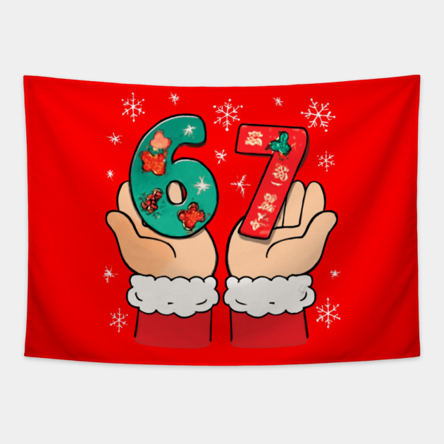 Santa's Hands Holding Festive 67 with Christmas Snowflakes Tapestry by Creatifly Graphic Tees