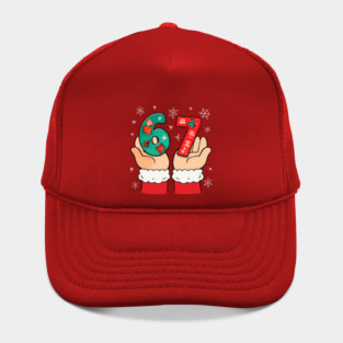 Santa's Hands Holding Festive 67 with Christmas Snowflakes Hat