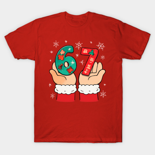 Santa's Hands Holding Festive 67 with Christmas Snowflakes T-Shirt by Creatifly Graphic Tees