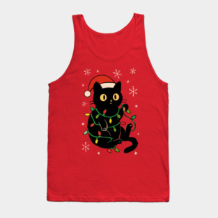 Black Cat in Santa Hat Wrapped in Christmas Lights Tank Top