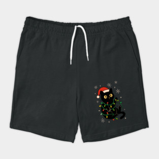 Black Cat in Santa Hat Wrapped in Christmas Lights Shorts