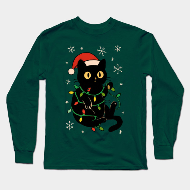 Black Cat in Santa Hat Wrapped in Christmas Lights Long Sleeve T-Shirt by Creatifly Graphic Tees