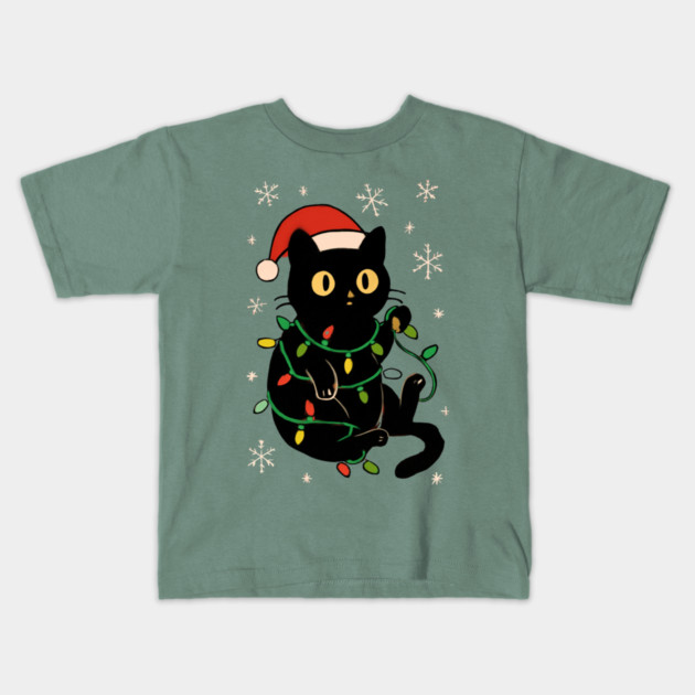 Black Cat in Santa Hat Wrapped in Christmas Lights Kids T-Shirt by Creatifly Graphic Tees