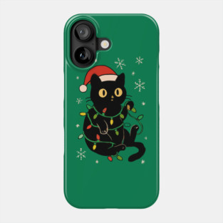 Black Cat in Santa Hat Wrapped in Christmas Lights Phone Case