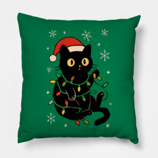 Black Cat in Santa Hat Wrapped in Christmas Lights Pillow