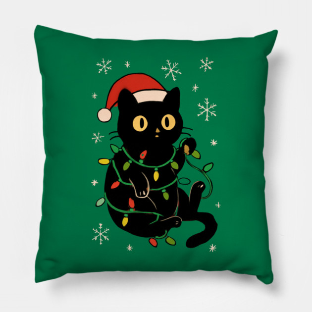 Black Cat in Santa Hat Wrapped in Christmas Lights Pillow by Creatifly Graphic Tees