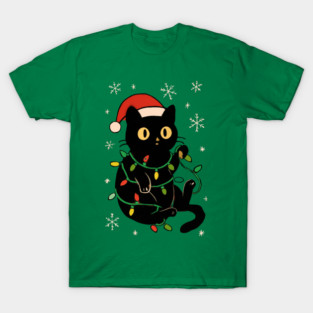 Black Cat in Santa Hat Wrapped in Christmas Lights T-Shirt