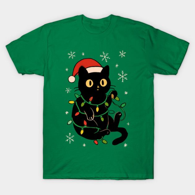 Black Cat in Santa Hat Wrapped in Christmas Lights T-Shirt by Creatifly Graphic Tees