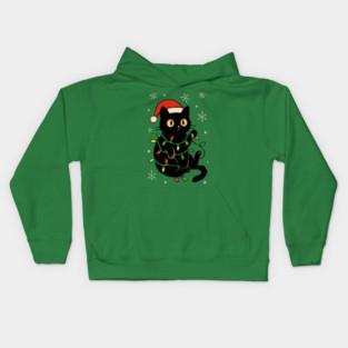 Black Cat in Santa Hat Wrapped in Christmas Lights Kids Hoodie