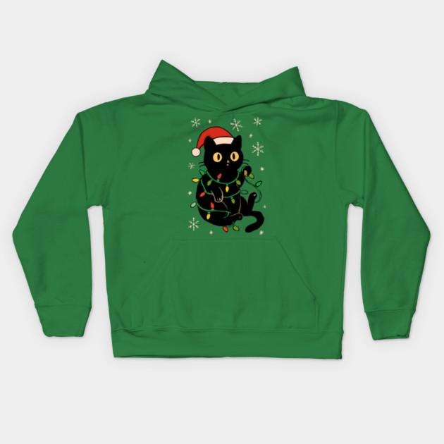 Black Cat in Santa Hat Wrapped in Christmas Lights Kids Hoodie by Creatifly Graphic Tees