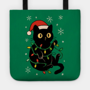Black Cat in Santa Hat Wrapped in Christmas Lights Tote