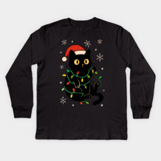 Black Cat in Santa Hat Wrapped in Christmas Lights Kids Long Sleeve T-Shirt