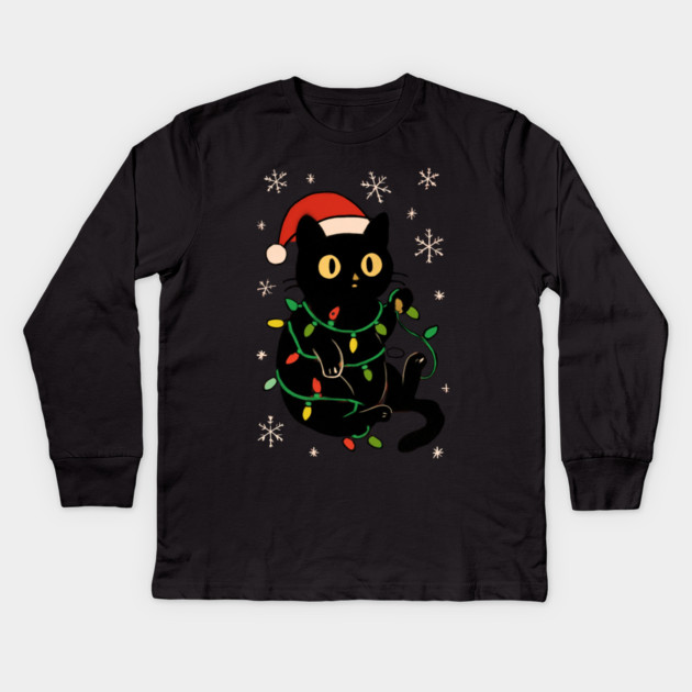 Black Cat in Santa Hat Wrapped in Christmas Lights Kids Long Sleeve T-Shirt by Creatifly Graphic Tees