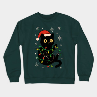 Black Cat in Santa Hat Wrapped in Christmas Lights Crewneck Sweatshirt