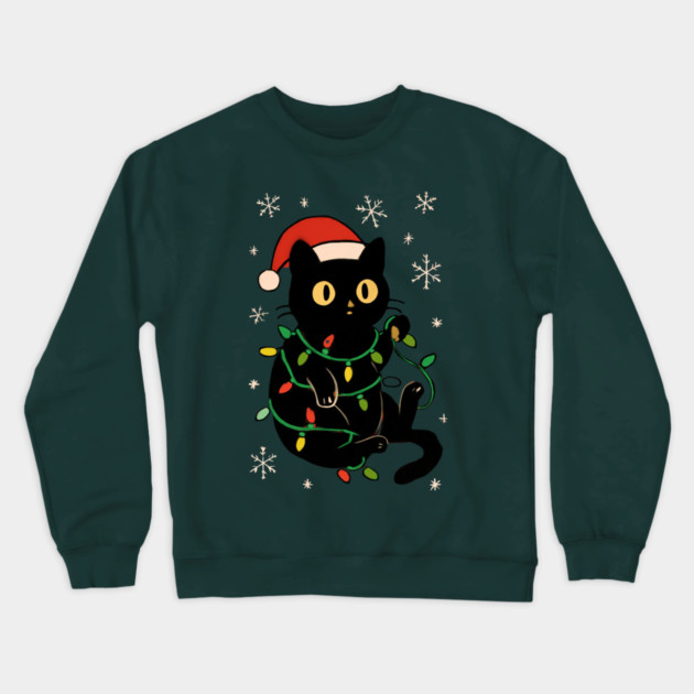 Black Cat in Santa Hat Wrapped in Christmas Lights Crewneck Sweatshirt by Creatifly Graphic Tees