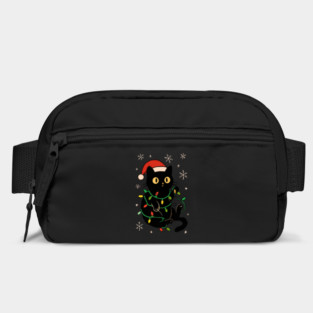 Black Cat in Santa Hat Wrapped in Christmas Lights Bag