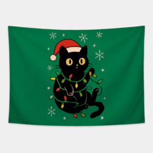 Black Cat in Santa Hat Wrapped in Christmas Lights Tapestry