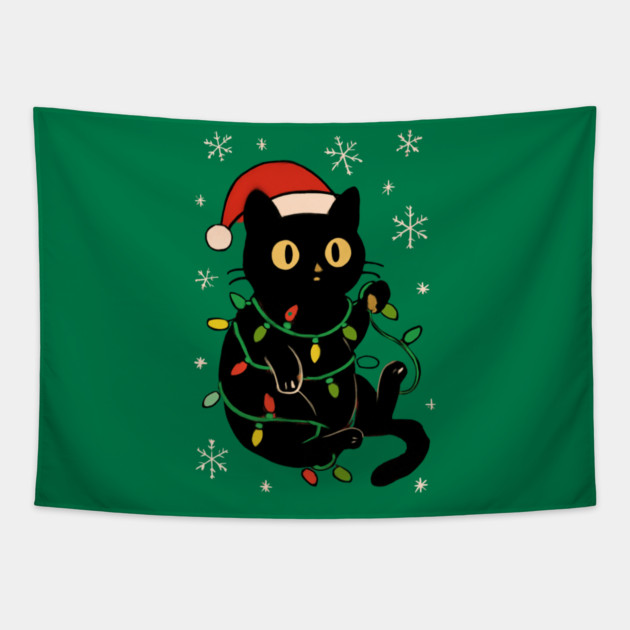 Black Cat in Santa Hat Wrapped in Christmas Lights Tapestry by Creatifly Graphic Tees
