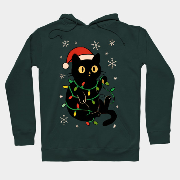 Black Cat in Santa Hat Wrapped in Christmas Lights Hoodie by Creatifly Graphic Tees