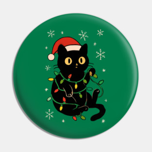 Black Cat in Santa Hat Wrapped in Christmas Lights Pin