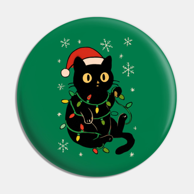 Black Cat in Santa Hat Wrapped in Christmas Lights Pin by Creatifly Graphic Tees