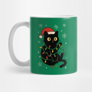 Black Cat in Santa Hat Wrapped in Christmas Lights Mug