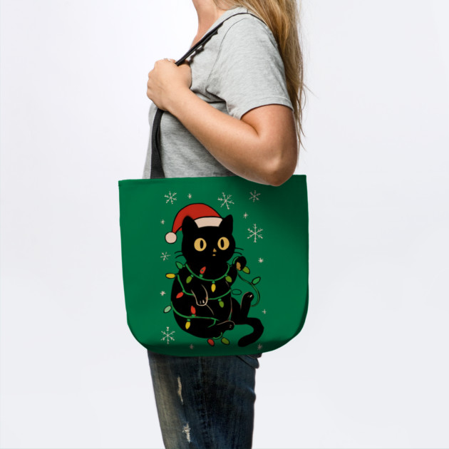 Black Cat in Santa Hat Wrapped in Christmas Lights by Creatifly Graphic Tees