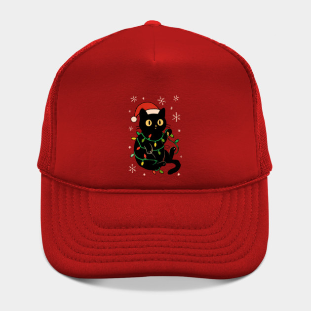 Black Cat in Santa Hat Wrapped in Christmas Lights by Creatifly Graphic Tees