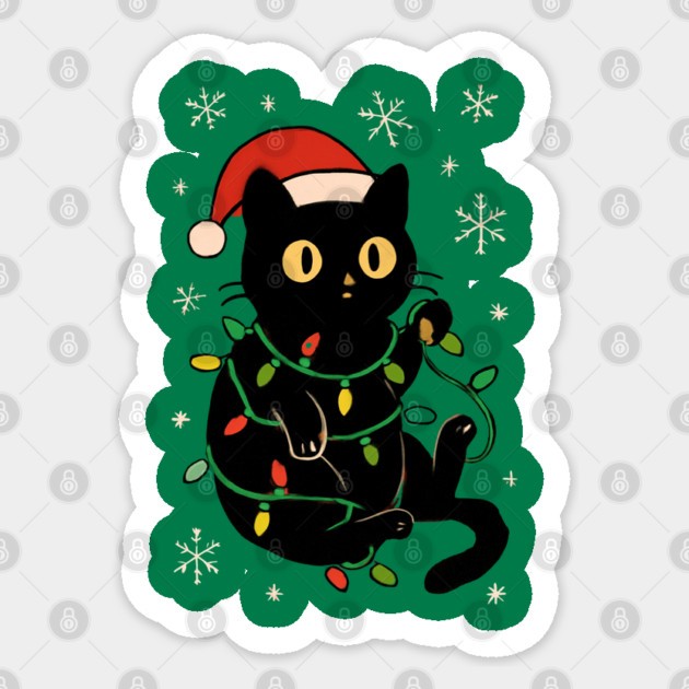 Black Cat in Santa Hat Wrapped in Christmas Lights Sticker by Creatifly Graphic Tees
